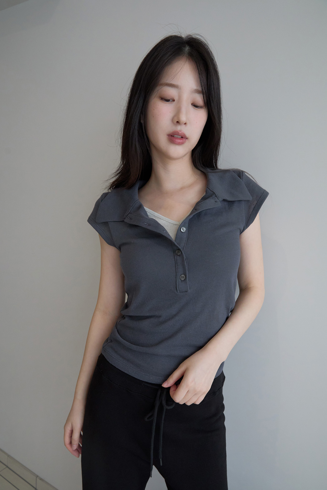 コットンボタンカラーヘンリーネックフレンチスリーブレイヤード風無地TシャツポロカラーTシャツSS | 詳細画像3