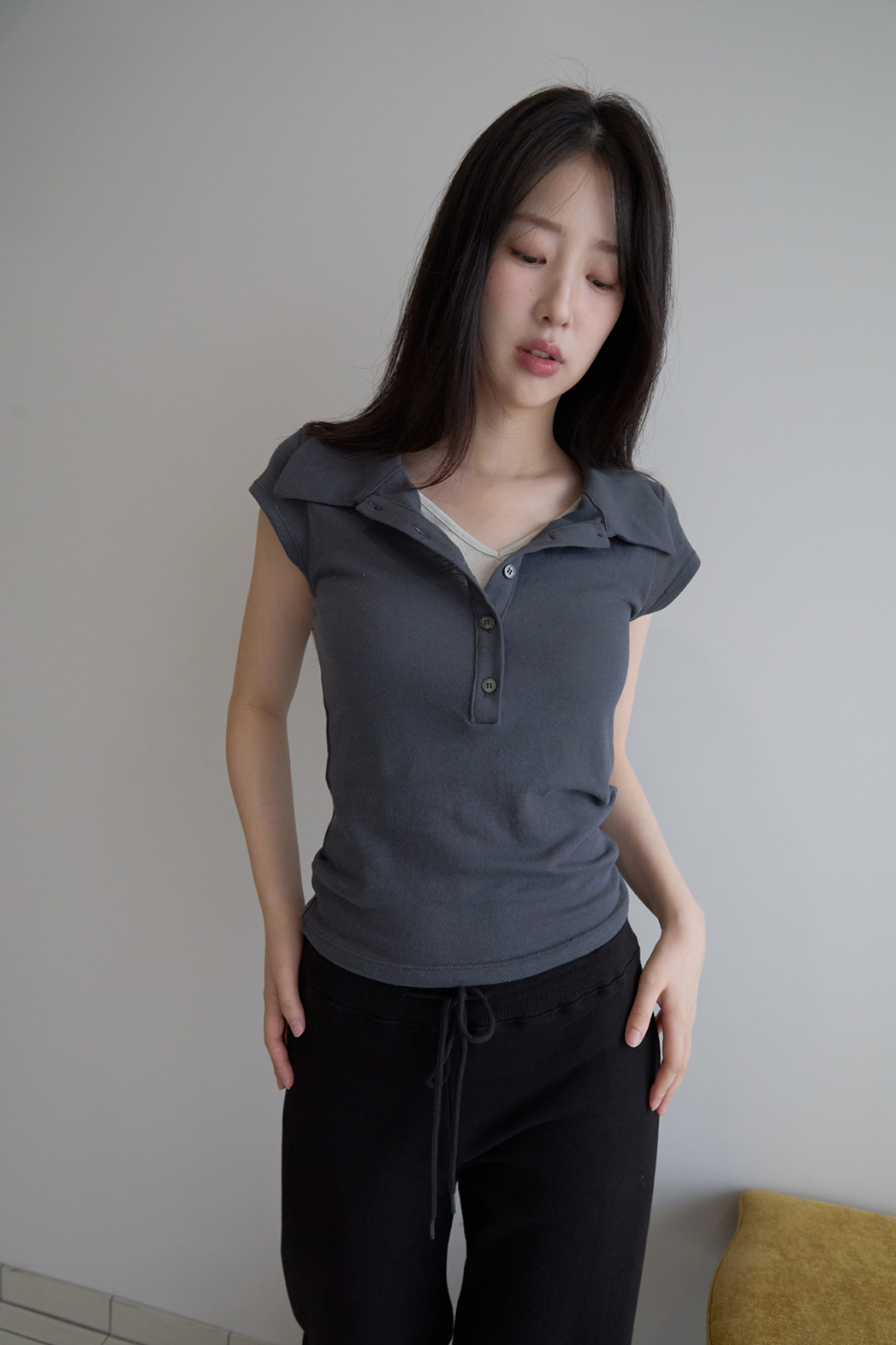 コットンボタンカラーヘンリーネックフレンチスリーブレイヤード風無地TシャツポロカラーTシャツSS | 詳細画像5