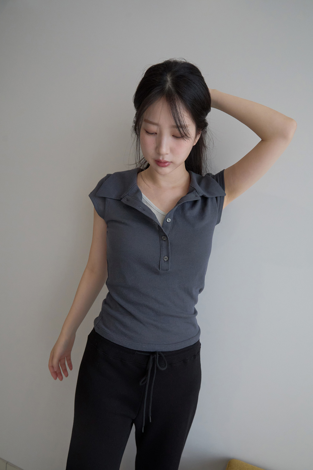 コットンボタンカラーヘンリーネックフレンチスリーブレイヤード風無地TシャツポロカラーTシャツSS | 詳細画像6