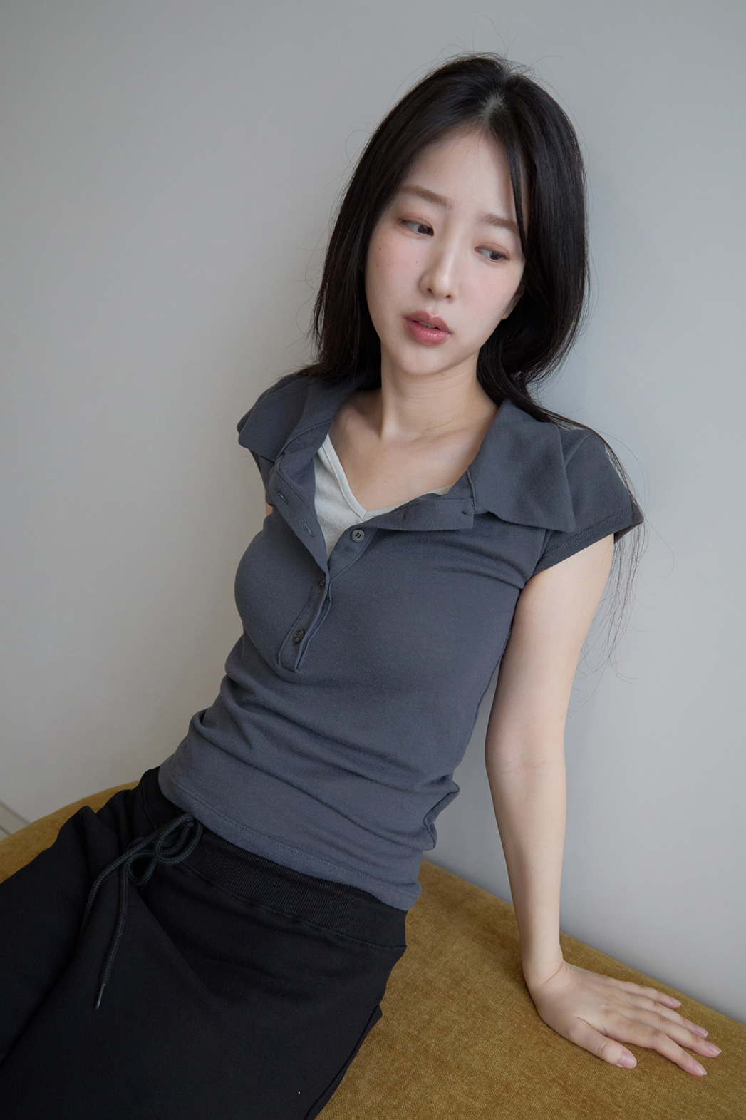 コットンボタンカラーヘンリーネックフレンチスリーブレイヤード風無地TシャツポロカラーTシャツSS | 詳細画像10