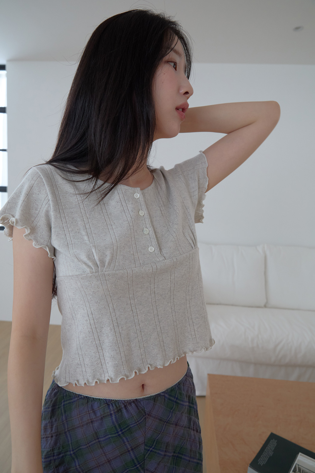 コットンウェーブクロップドスリムレースアップ無地TシャツSS | 詳細画像12