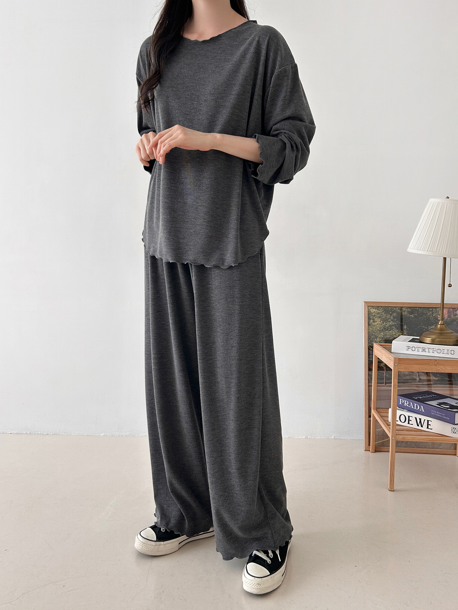 ウエストゴムルーズ長袖ワイドセットアップパンツTシャツ | 詳細画像3