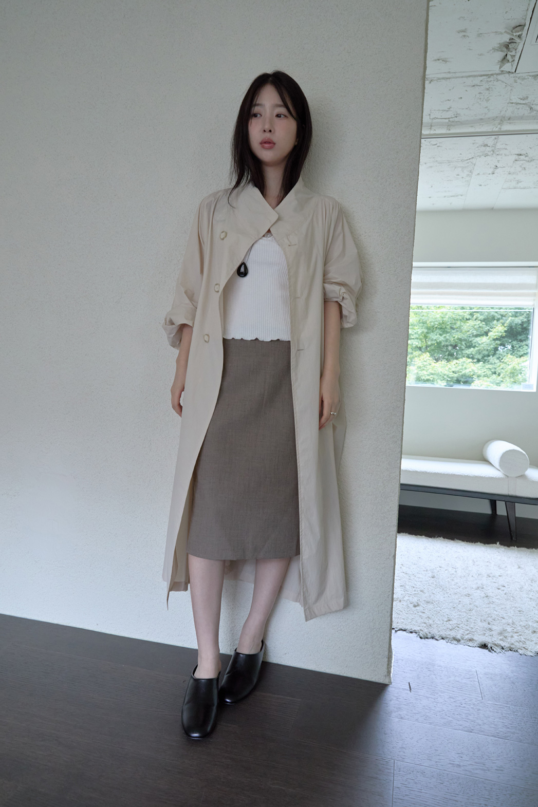 ナイロンボタンハイネックロング無地トレンチコートFW | 詳細画像2