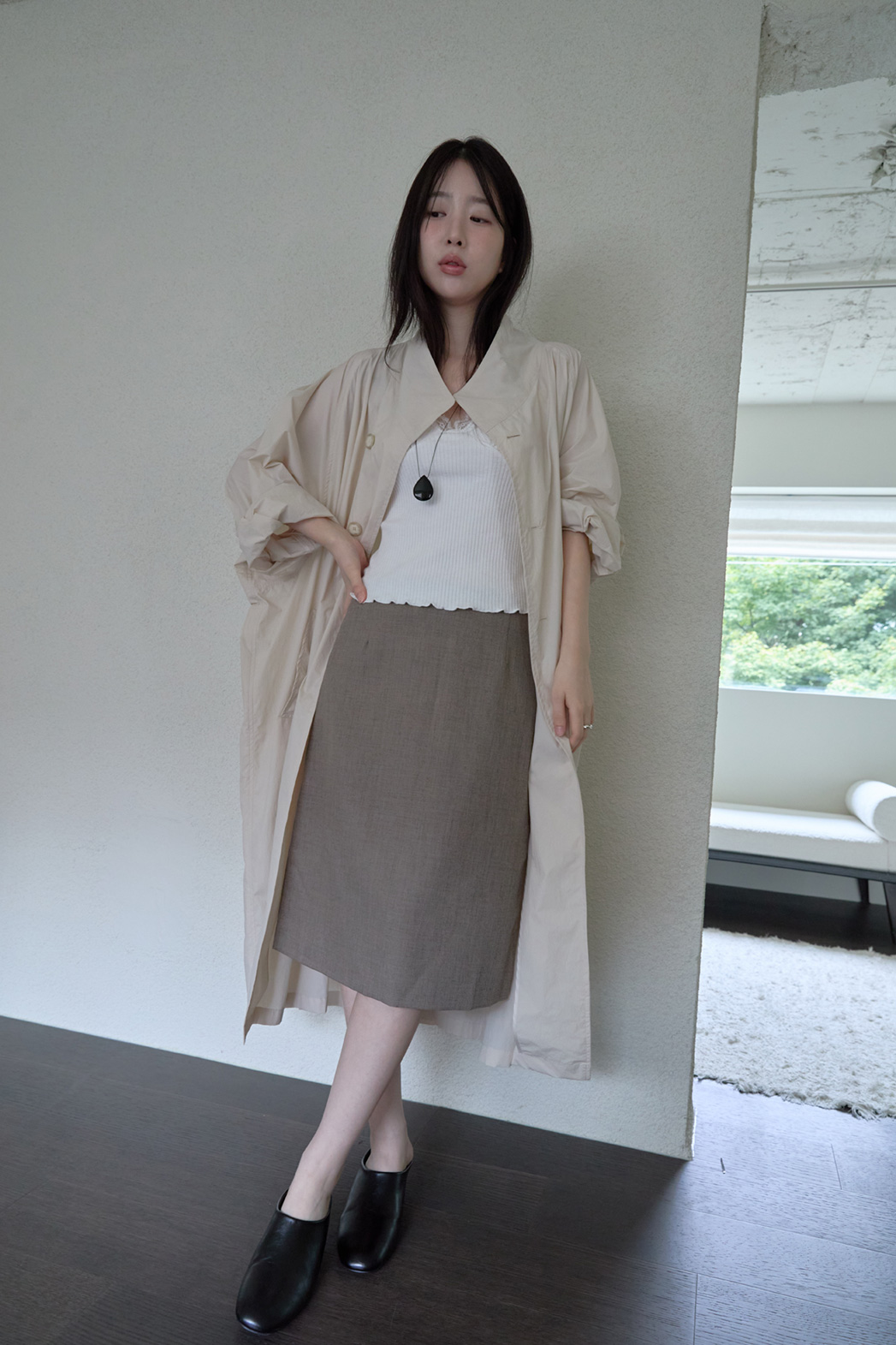 ナイロンボタンハイネックロング無地トレンチコートFW | 詳細画像3