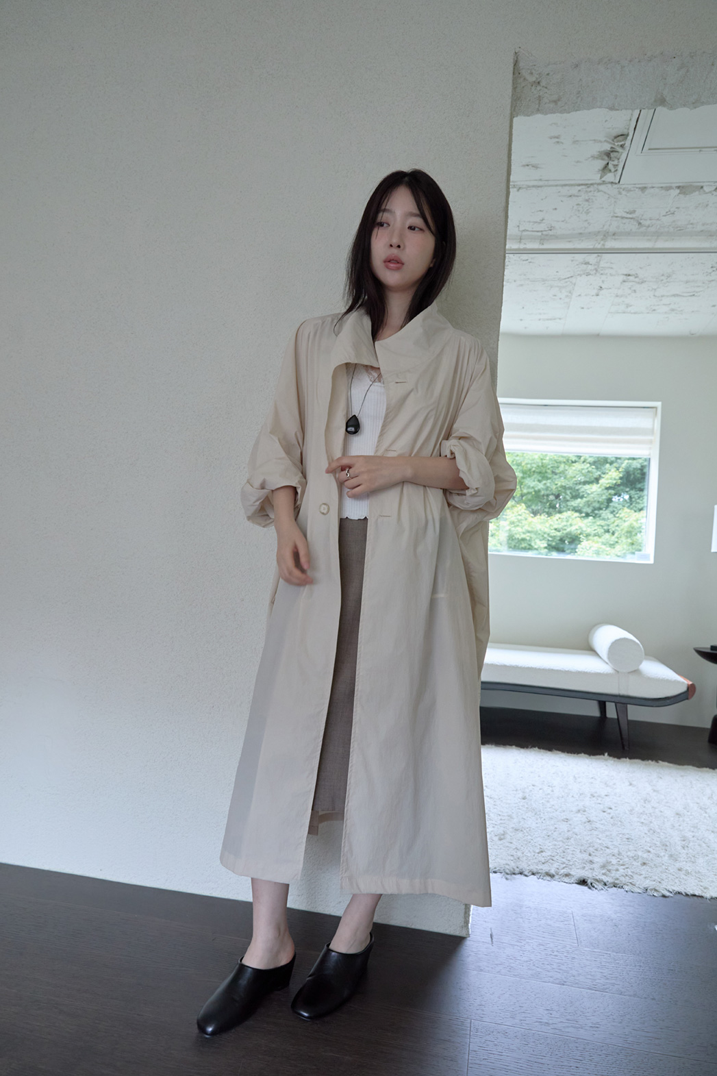 ナイロンボタンハイネックロング無地トレンチコートFW | 詳細画像4