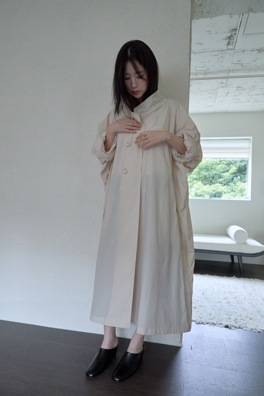 ナイロンボタンハイネックロング無地トレンチコートFW | 詳細画像5