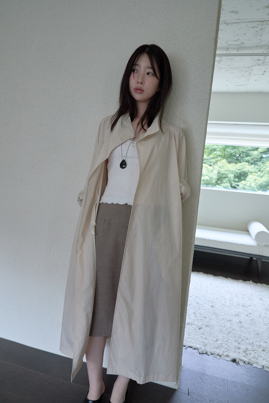 ナイロンボタンハイネックロング無地トレンチコートFW | 詳細画像6