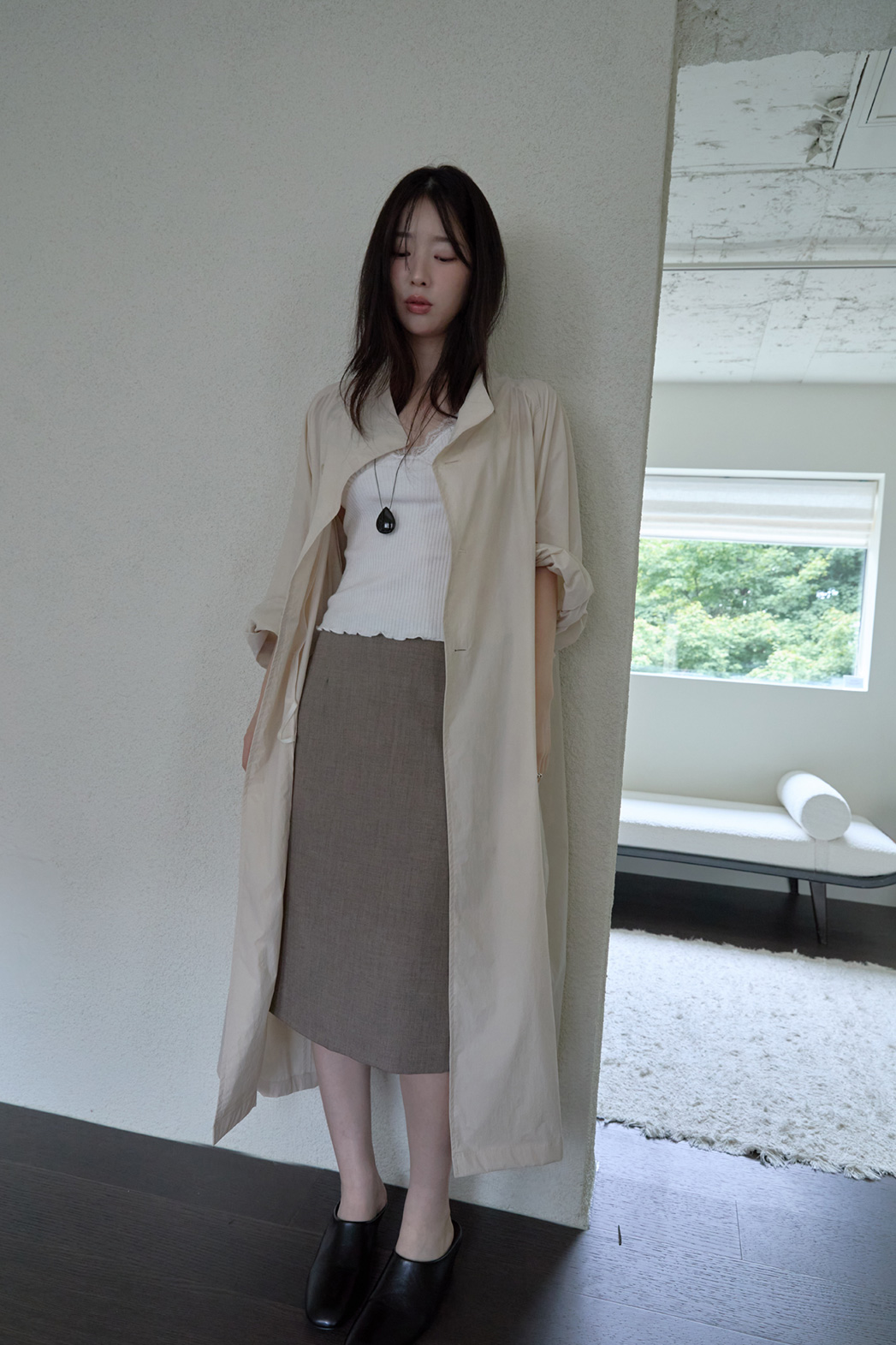 ナイロンボタンハイネックロング無地トレンチコートFW | 詳細画像7
