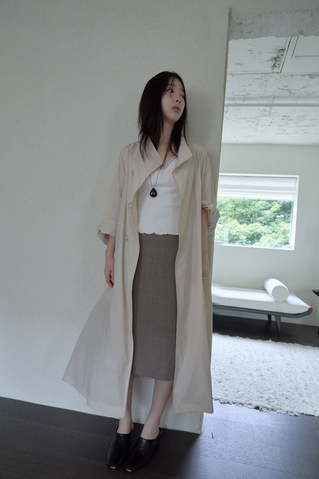 ナイロンボタンハイネックロング無地トレンチコートFW | 詳細画像8