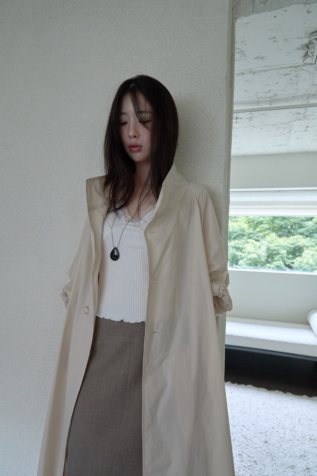 ナイロンボタンハイネックロング無地トレンチコートFW | 詳細画像12