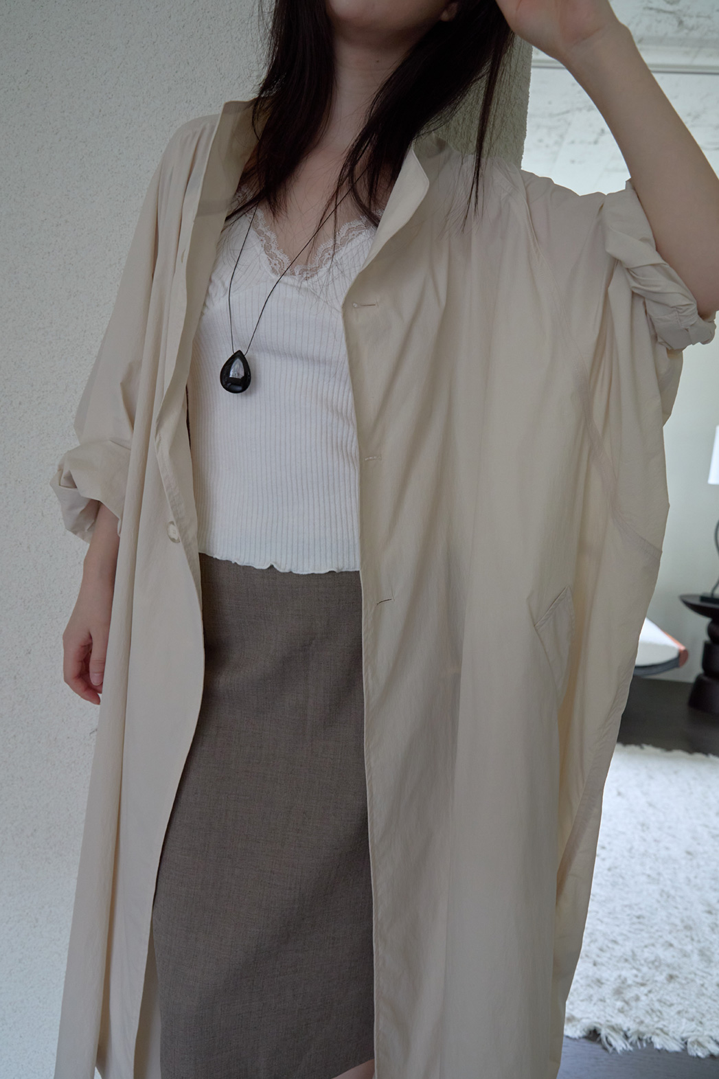 ナイロンボタンハイネックロング無地トレンチコートFW | 詳細画像13