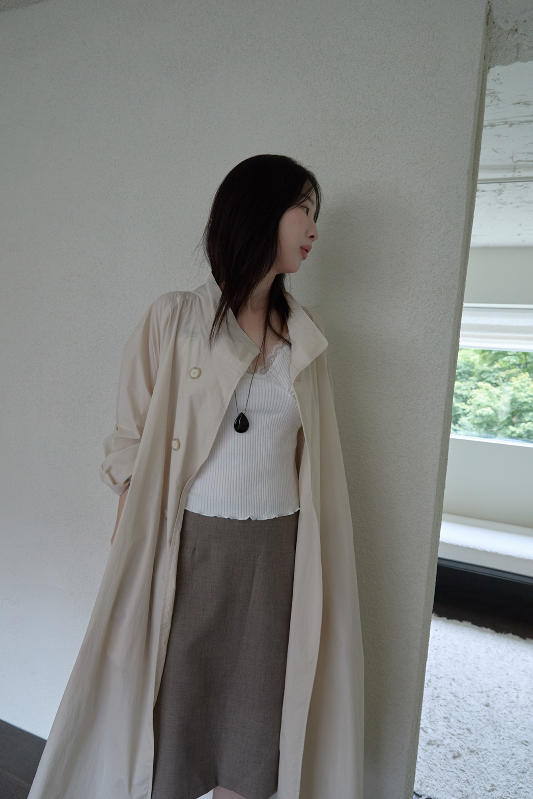 ナイロンボタンハイネックロング無地トレンチコートFW | 詳細画像15