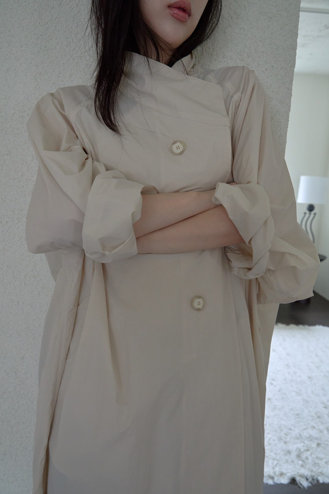 ナイロンボタンハイネックロング無地トレンチコートFW | 詳細画像16
