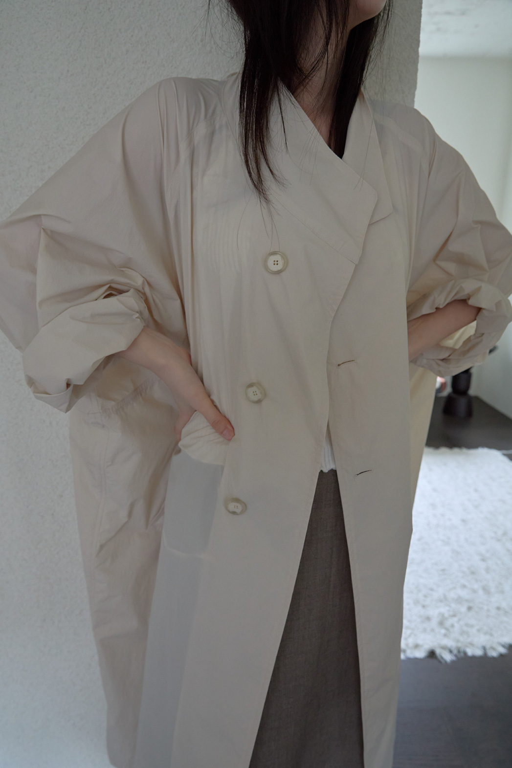 ナイロンボタンハイネックロング無地トレンチコートFW | 詳細画像17