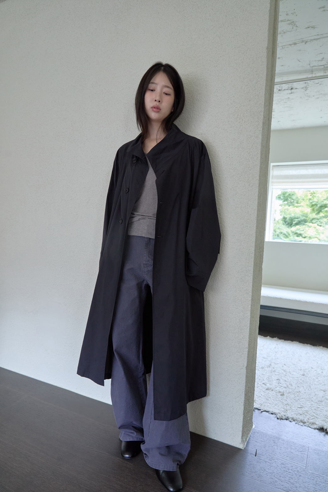 ナイロンボタンハイネックロング無地トレンチコートFW | 詳細画像19
