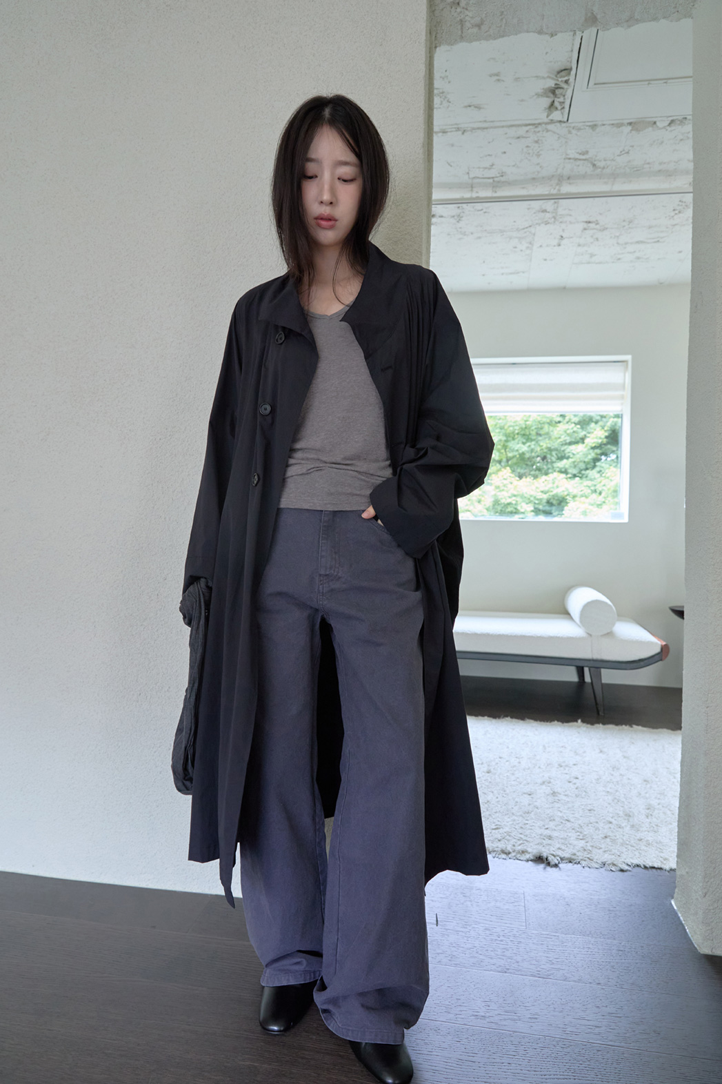 ナイロンボタンハイネックロング無地トレンチコートFW | 詳細画像21