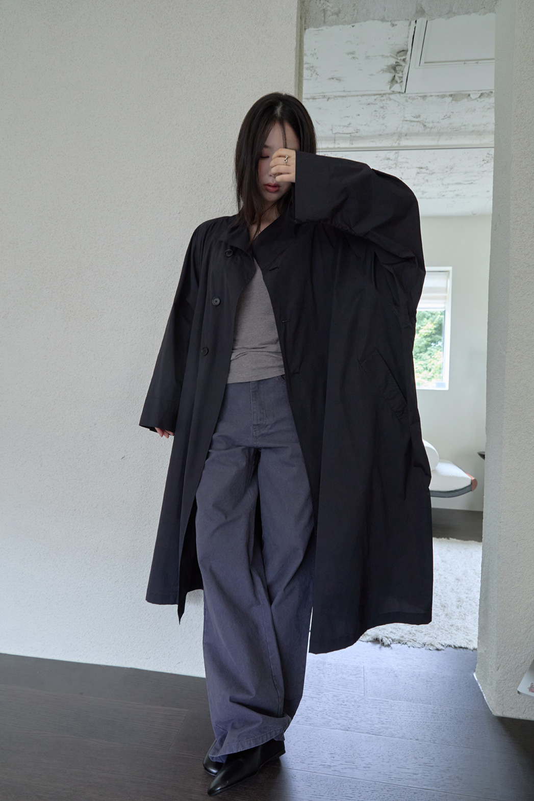 ナイロンボタンハイネックロング無地トレンチコートFW | 詳細画像23