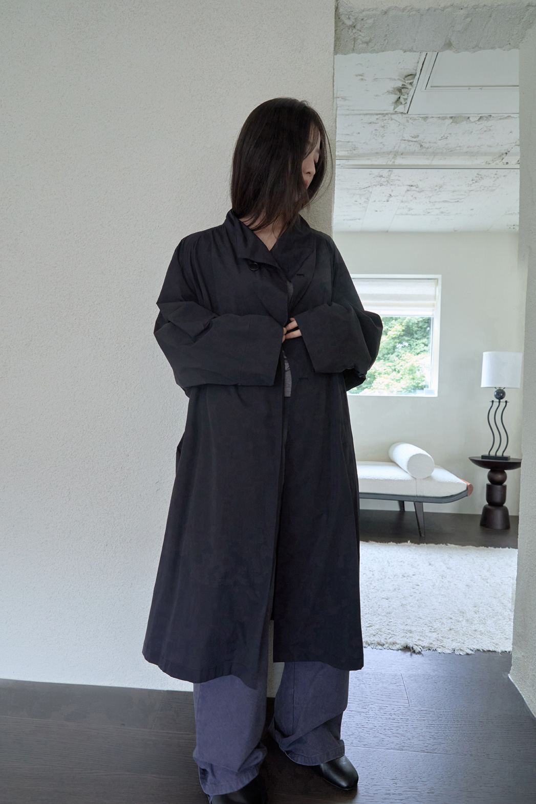 ナイロンボタンハイネックロング無地トレンチコートFW | 詳細画像24