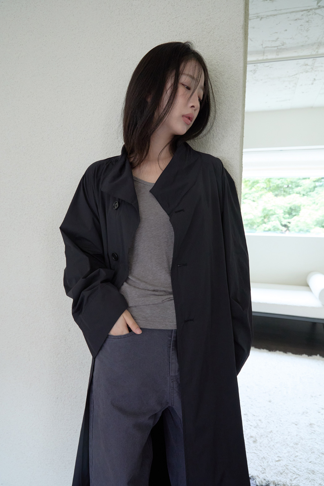 ナイロンボタンハイネックロング無地トレンチコートFW | 詳細画像25