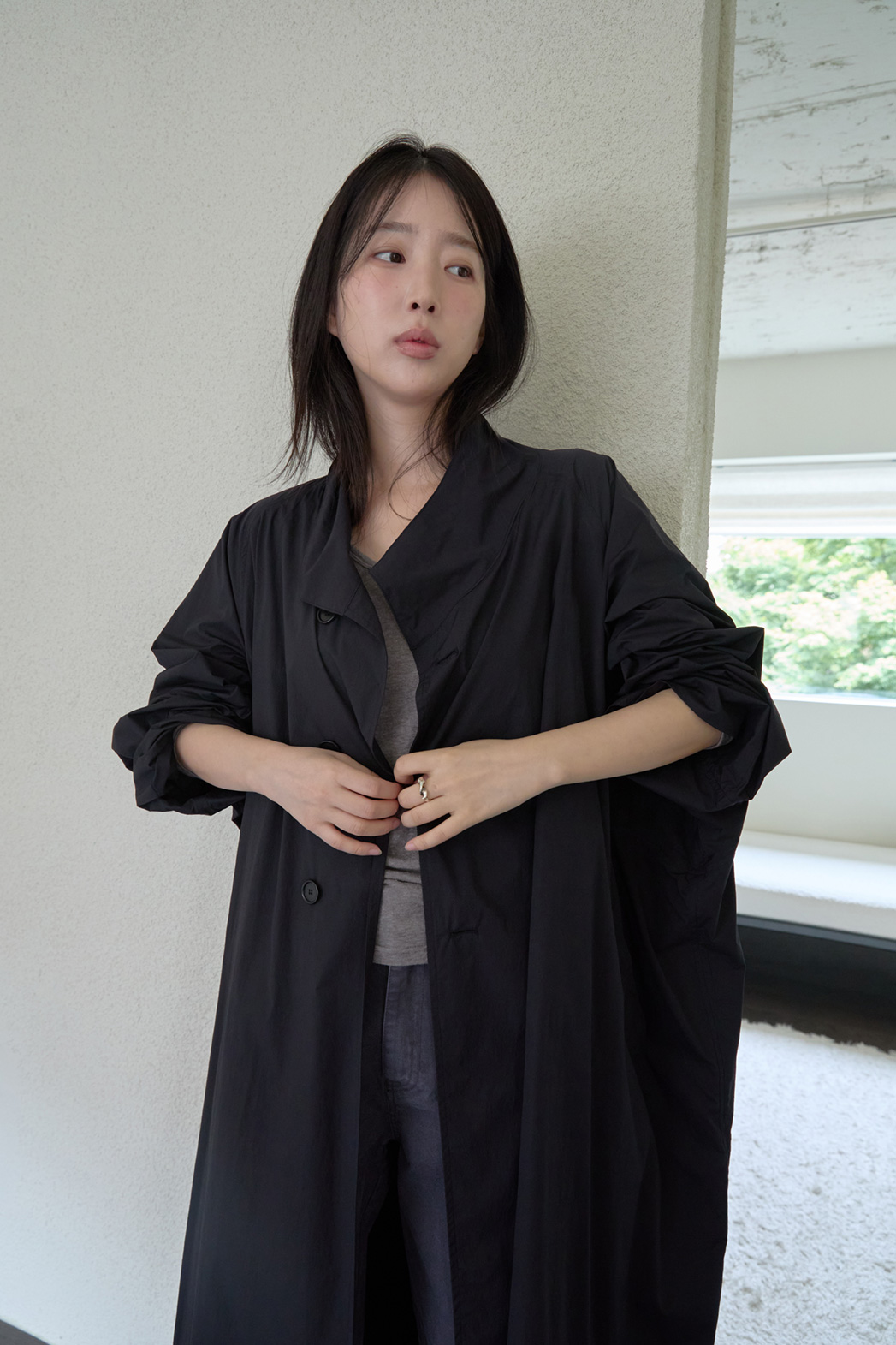 ナイロンボタンハイネックロング無地トレンチコートFW | 詳細画像27