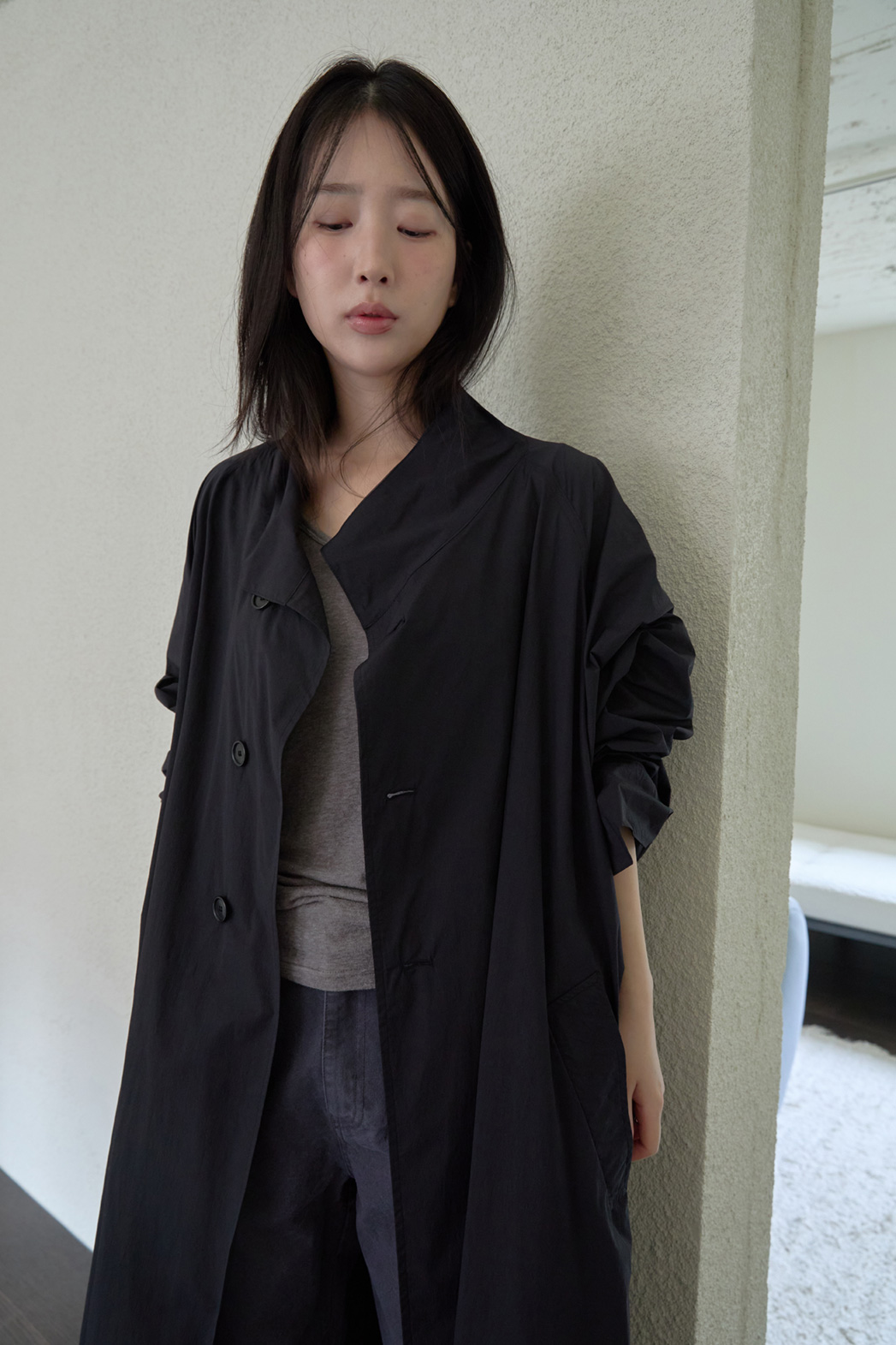 ナイロンボタンハイネックロング無地トレンチコートFW | 詳細画像28
