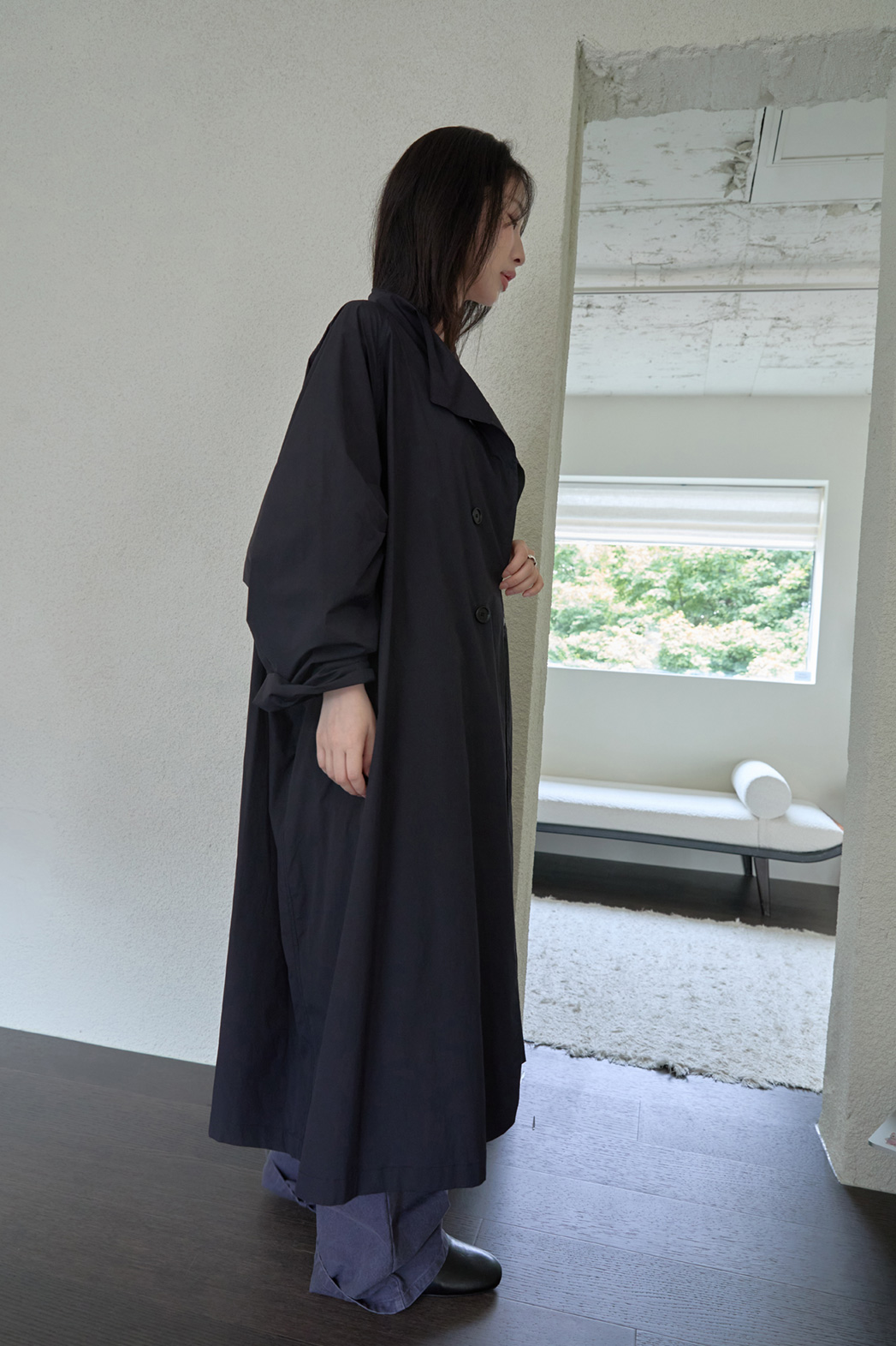 ナイロンボタンハイネックロング無地トレンチコートFW | 詳細画像29