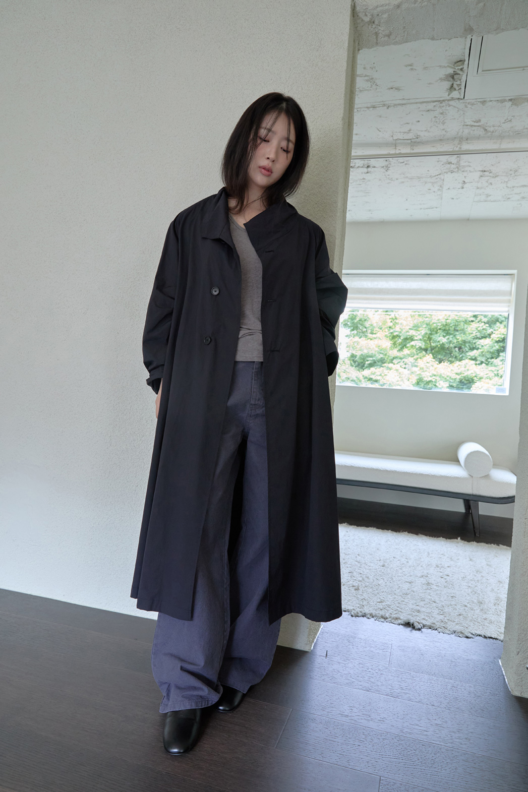 ナイロンボタンハイネックロング無地トレンチコートFW | 詳細画像30