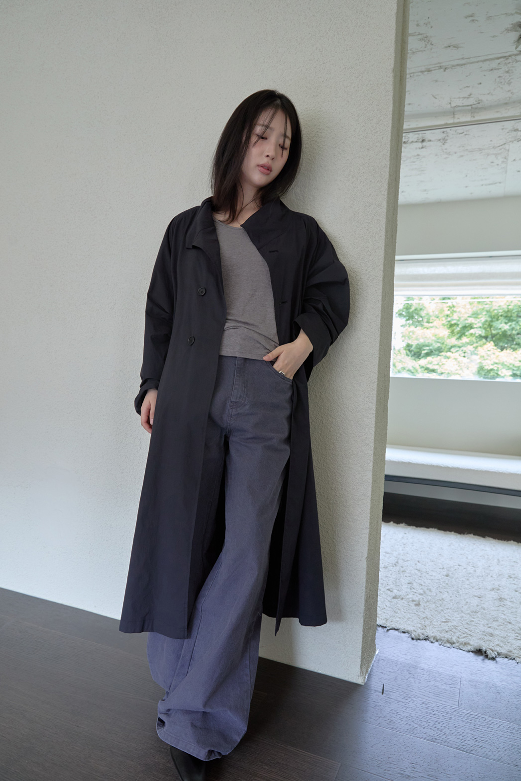 ナイロンボタンハイネックロング無地トレンチコートFW | 詳細画像32