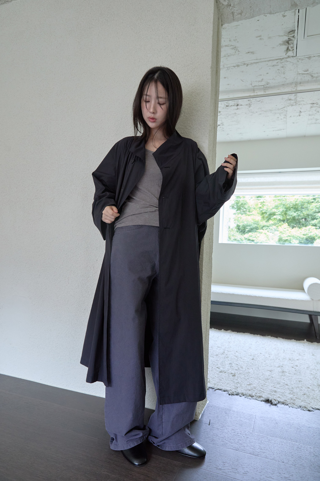 ナイロンボタンハイネックロング無地トレンチコートFW | 詳細画像33