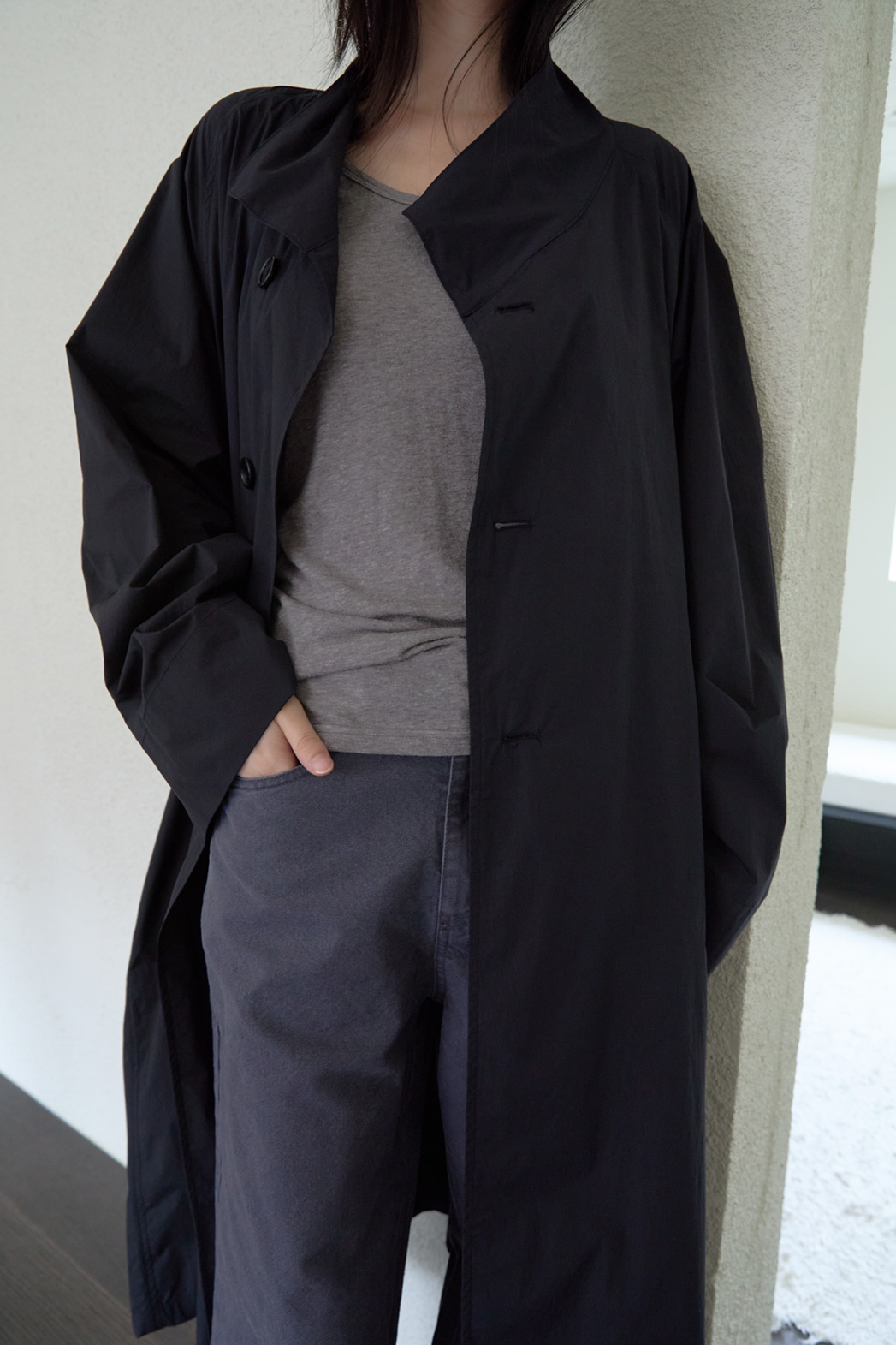 ナイロンボタンハイネックロング無地トレンチコートFW | 詳細画像34