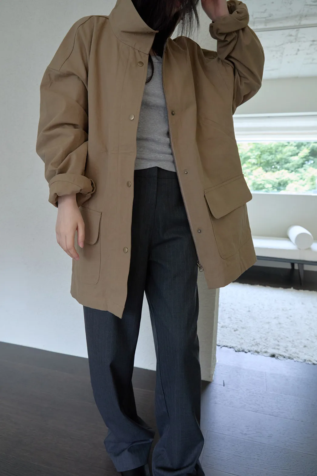 コットンハーフネックスナップボタン無地ジャケットFW | 詳細画像1