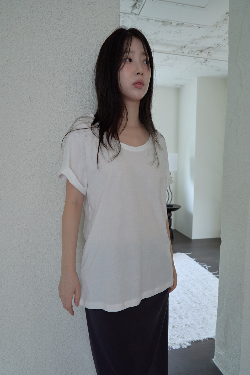コットンラウンドネックオーバーサイズルーズ無地Tシャツオールシーズン | 詳細画像8