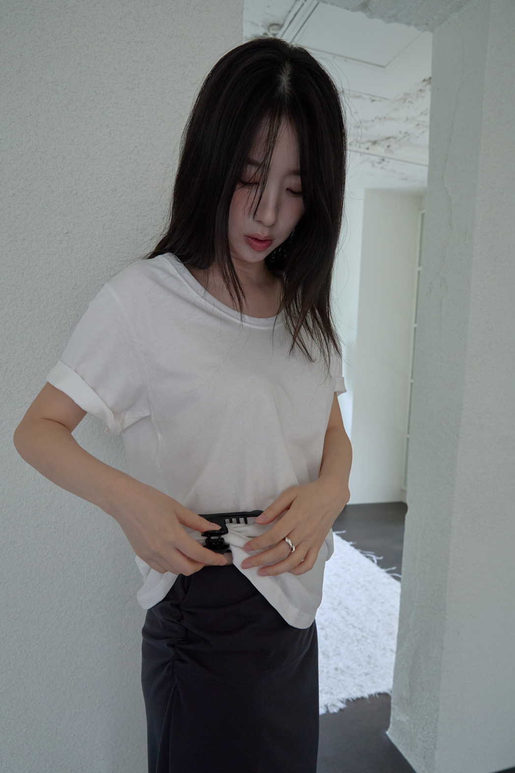 コットンラウンドネックオーバーサイズルーズ無地Tシャツオールシーズン | 詳細画像12