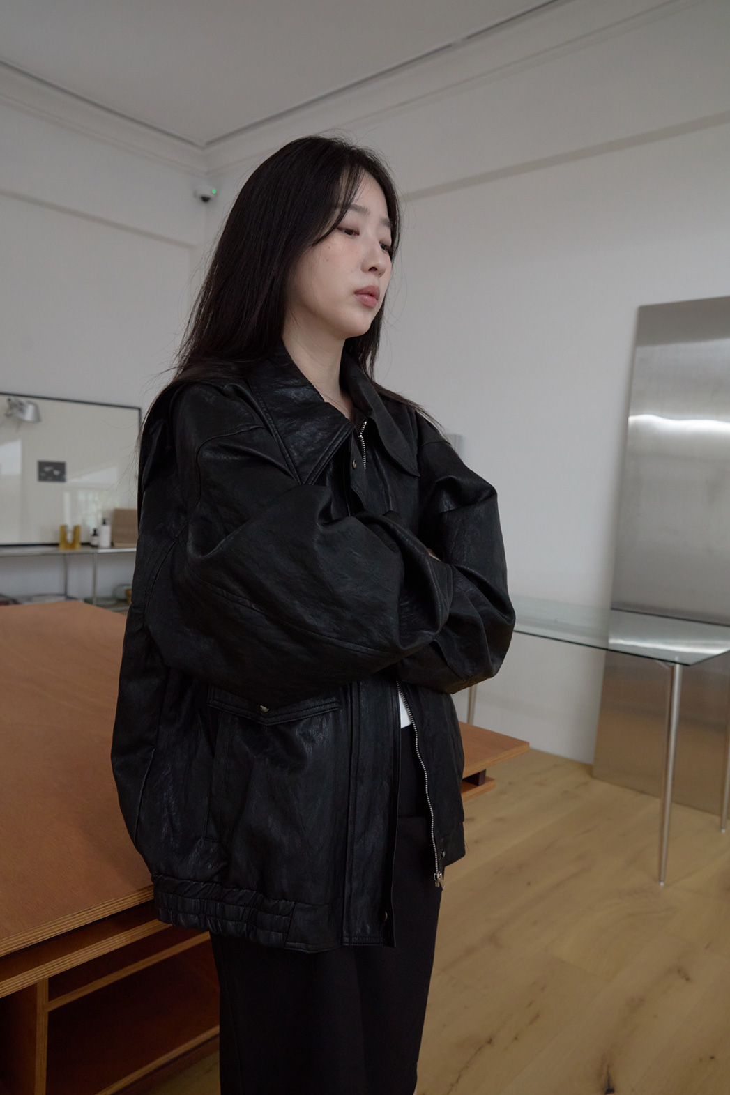 レザー調カラーオーバーサイズルーズ無地ジャンパーFW | 詳細画像10