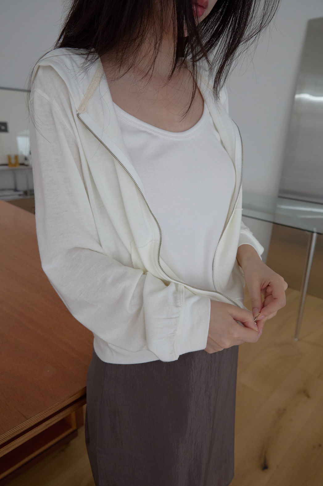 アンゴラ混ジップアップフードクロップド無地ジップパーカージャンパーFW | 詳細画像7