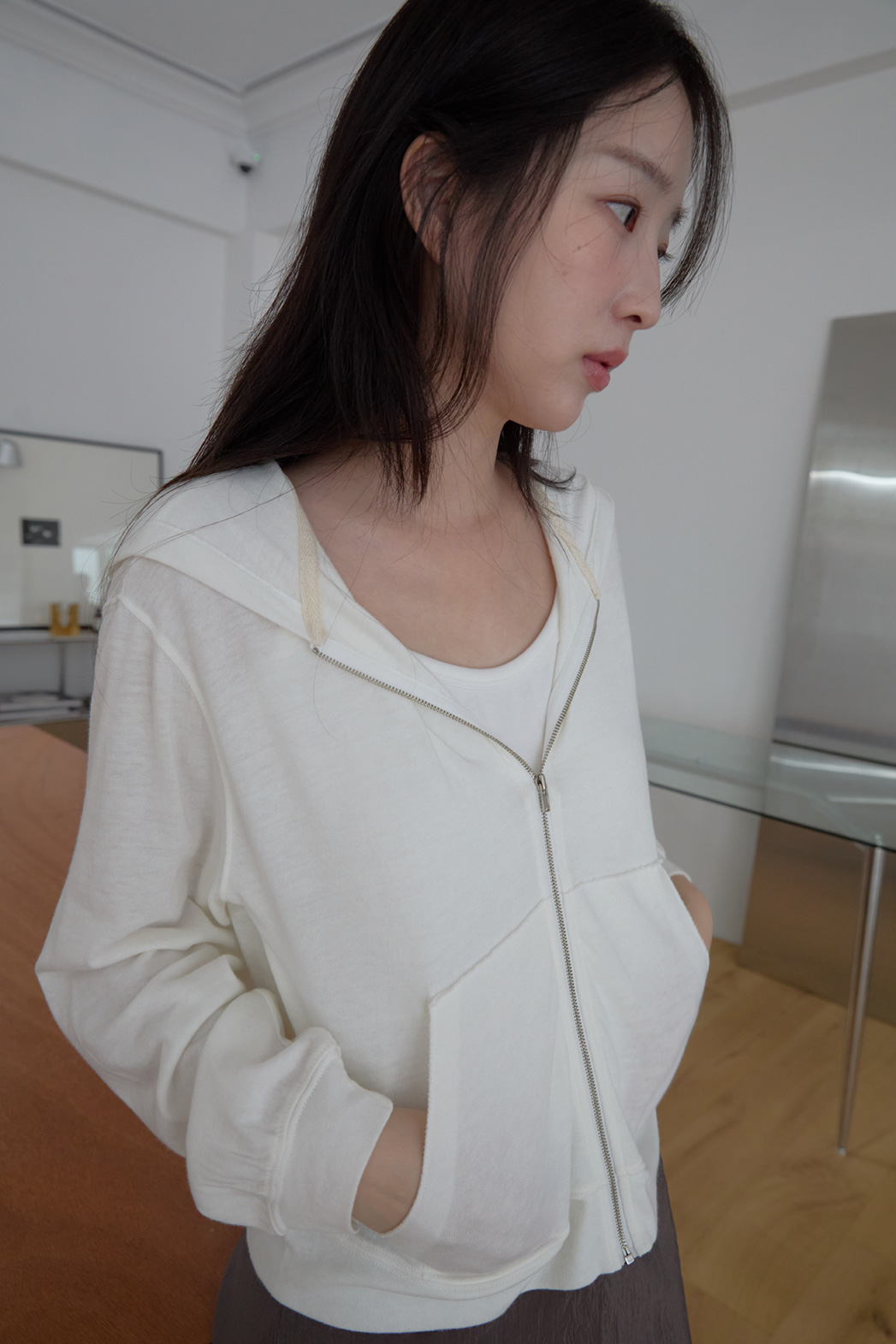 アンゴラ混ジップアップフードクロップド無地ジップパーカージャンパーFW | 詳細画像8