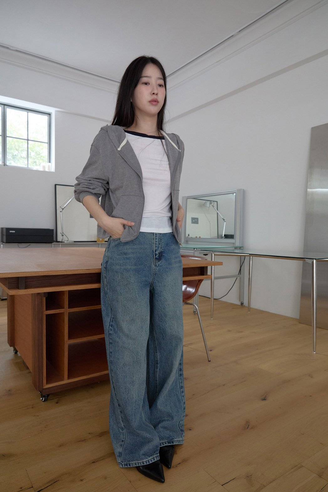 アンゴラ混ジップアップフードクロップド無地ジップパーカージャンパーFW | 詳細画像13