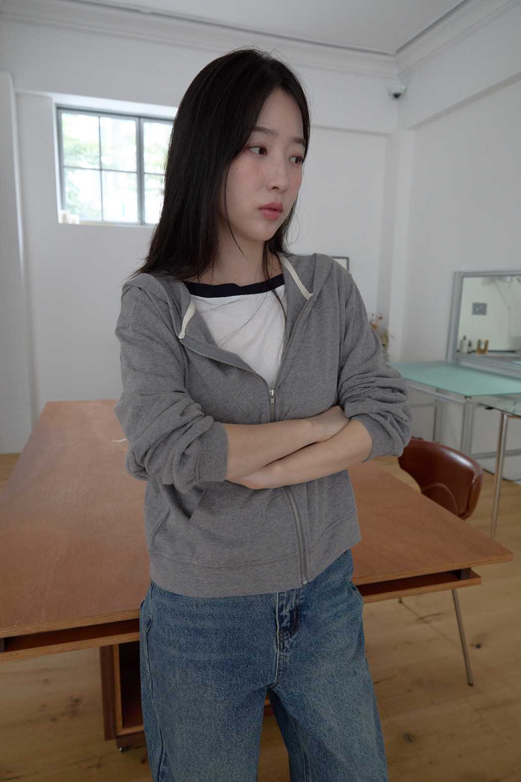 アンゴラ混ジップアップフードクロップド無地ジップパーカージャンパーFW | 詳細画像14