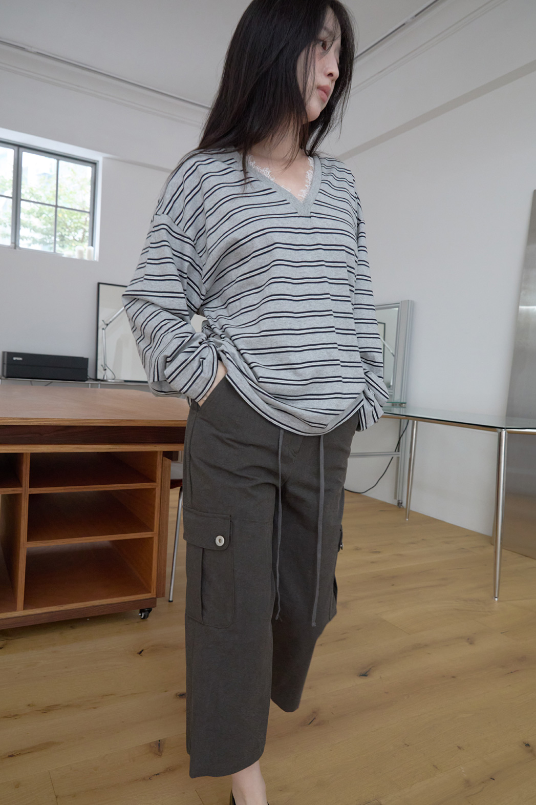 コットンオーバーサイズルーズレースボーダーTシャツFW | 詳細画像2