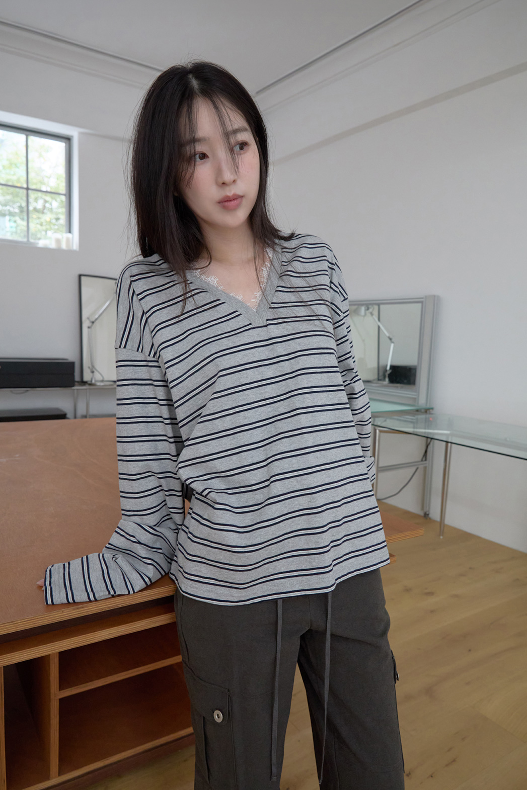 コットンオーバーサイズルーズレースボーダーTシャツFW | 詳細画像6