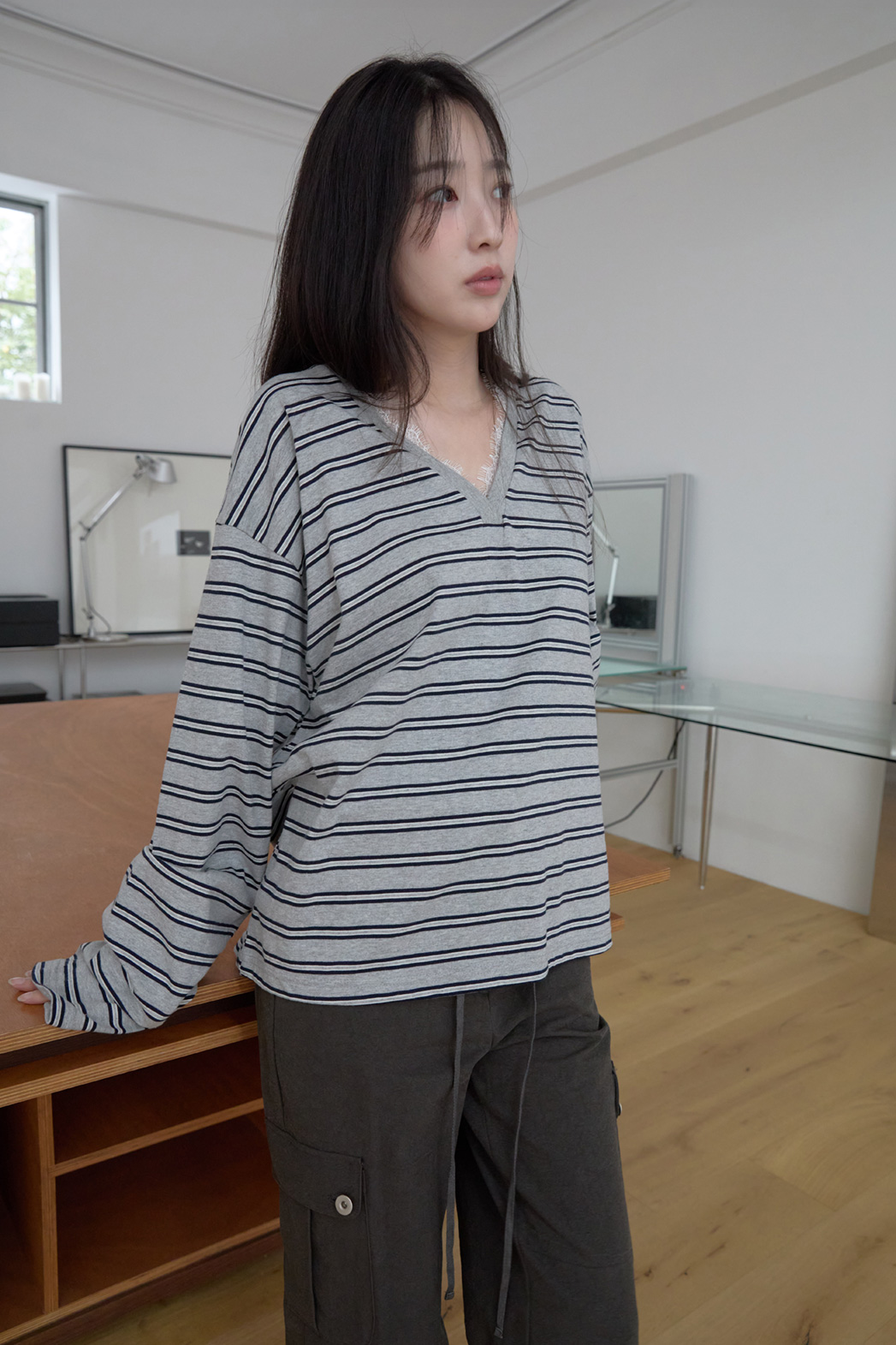 コットンオーバーサイズルーズレースボーダーTシャツFW | 詳細画像7
