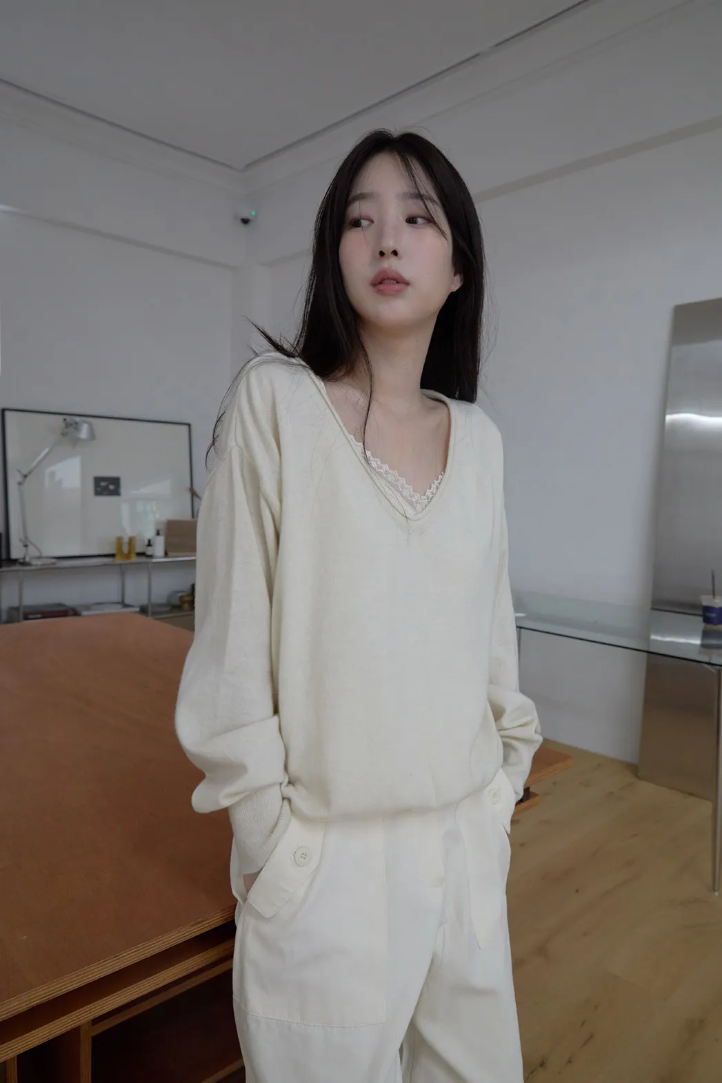 ウール混Vネックオーバーサイズルーズ無地ニットFW | 詳細画像1