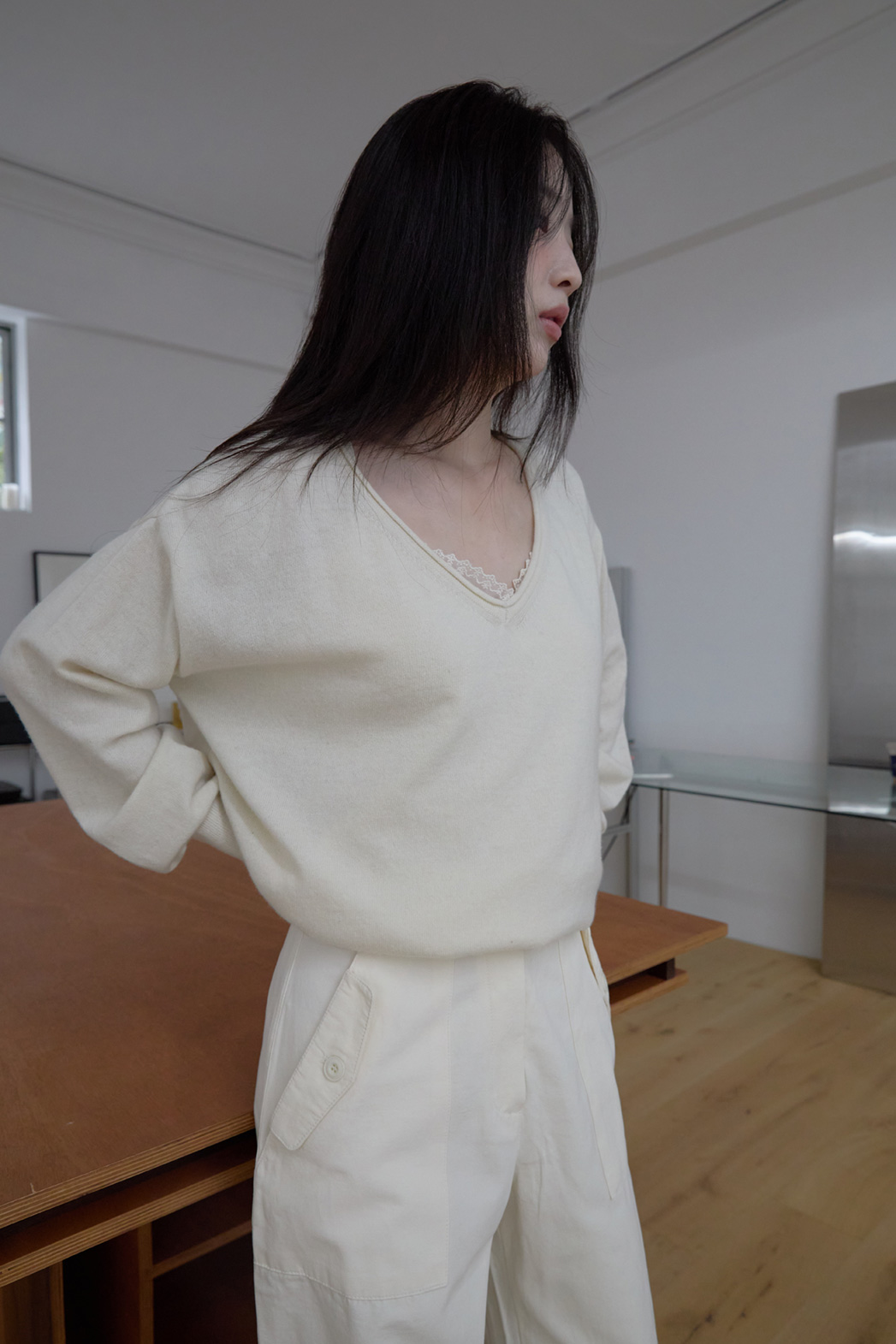 ウール混Vネックオーバーサイズルーズ無地ニットFW | 詳細画像8