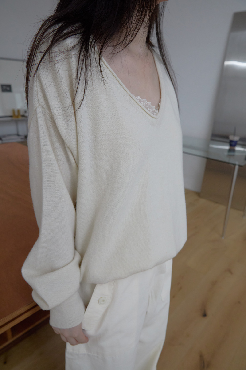 ウール混Vネックオーバーサイズルーズ無地ニットFW | 詳細画像9
