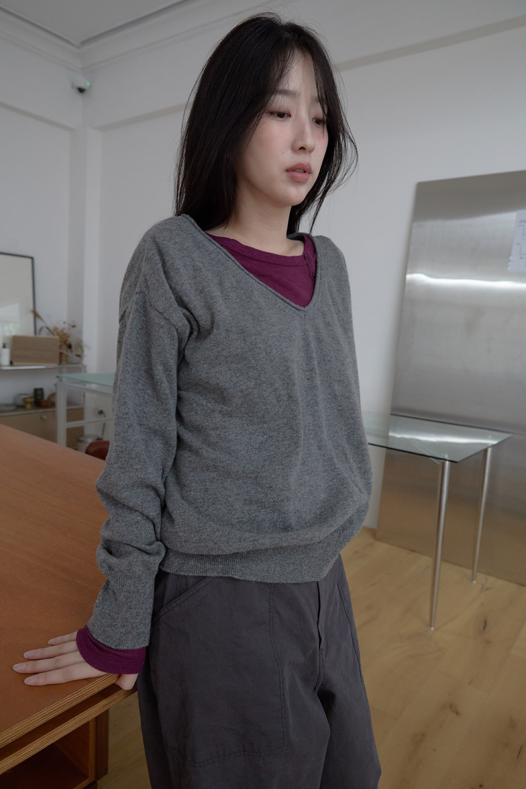 ウール混Vネックオーバーサイズルーズ無地ニットFW | 詳細画像12