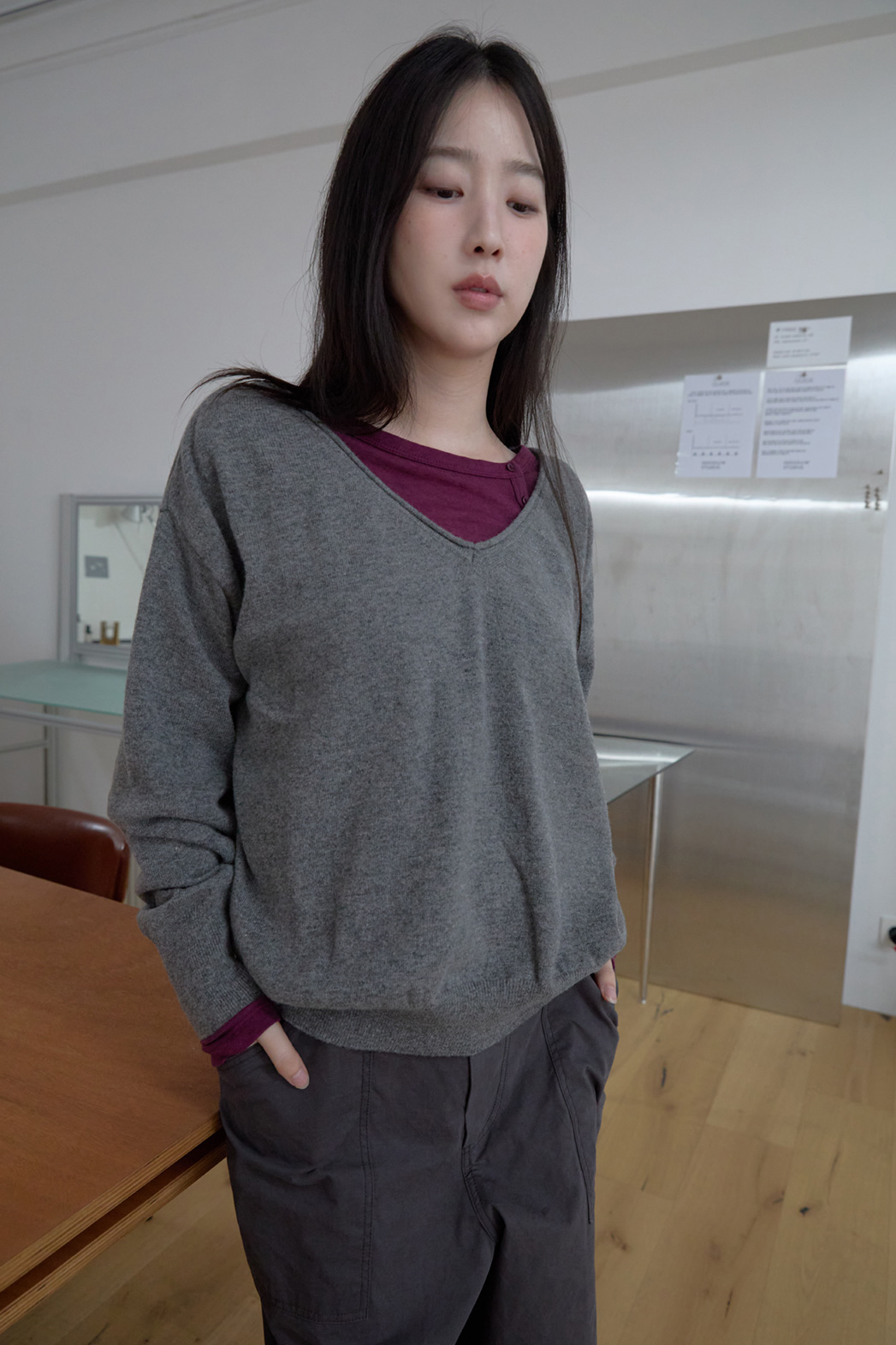 ウール混Vネックオーバーサイズルーズ無地ニットFW | 詳細画像14