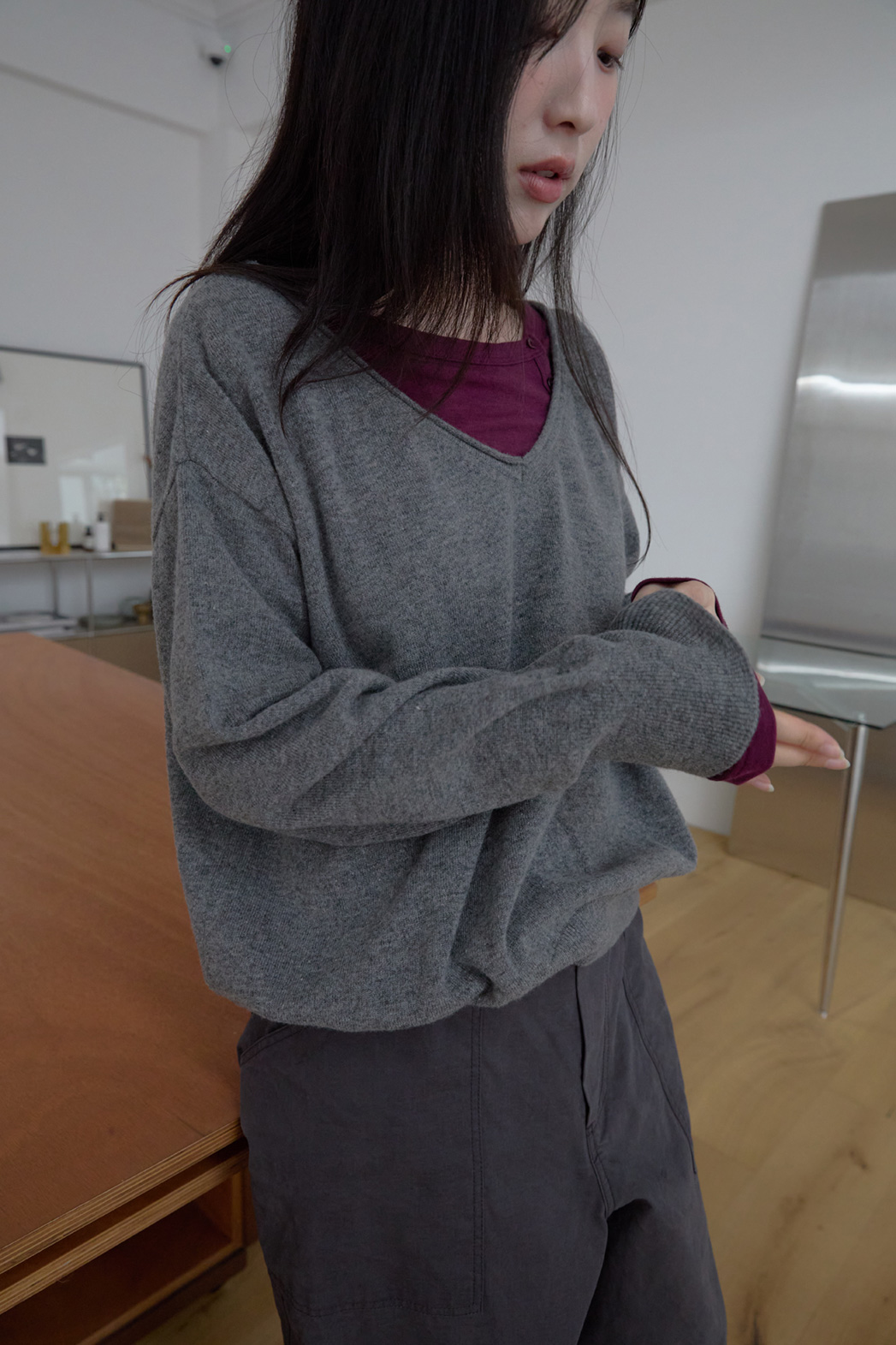 ウール混Vネックオーバーサイズルーズ無地ニットFW | 詳細画像15