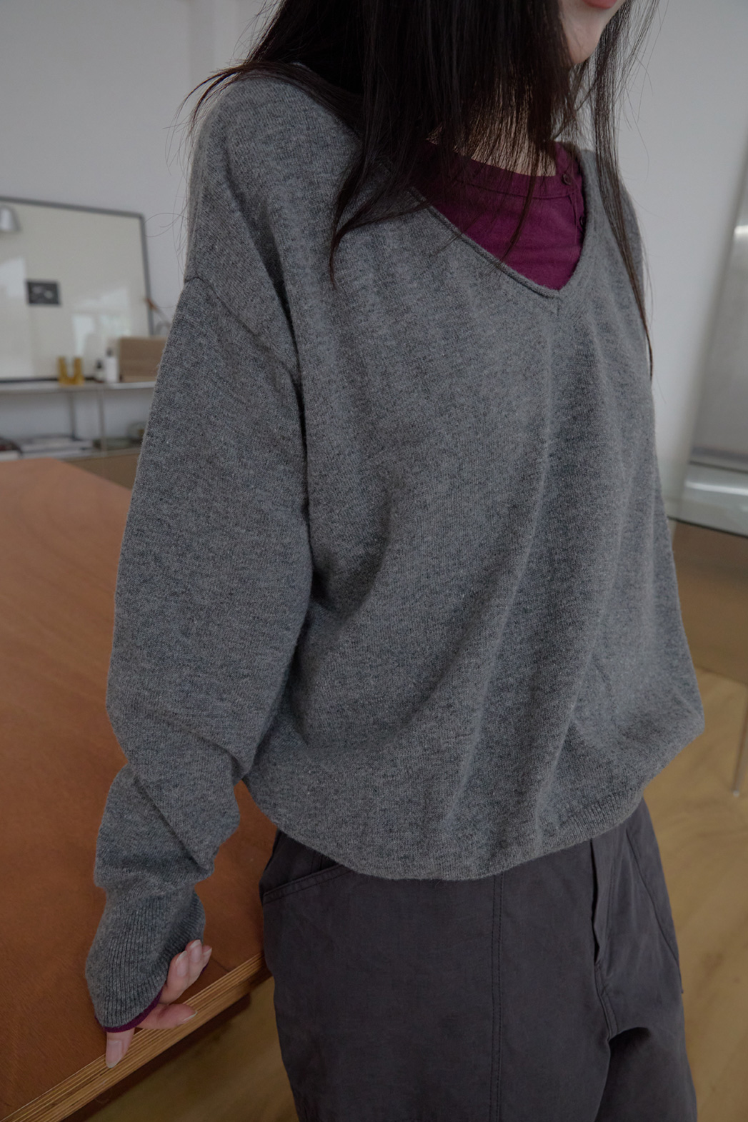 ウール混Vネックオーバーサイズルーズ無地ニットFW | 詳細画像16