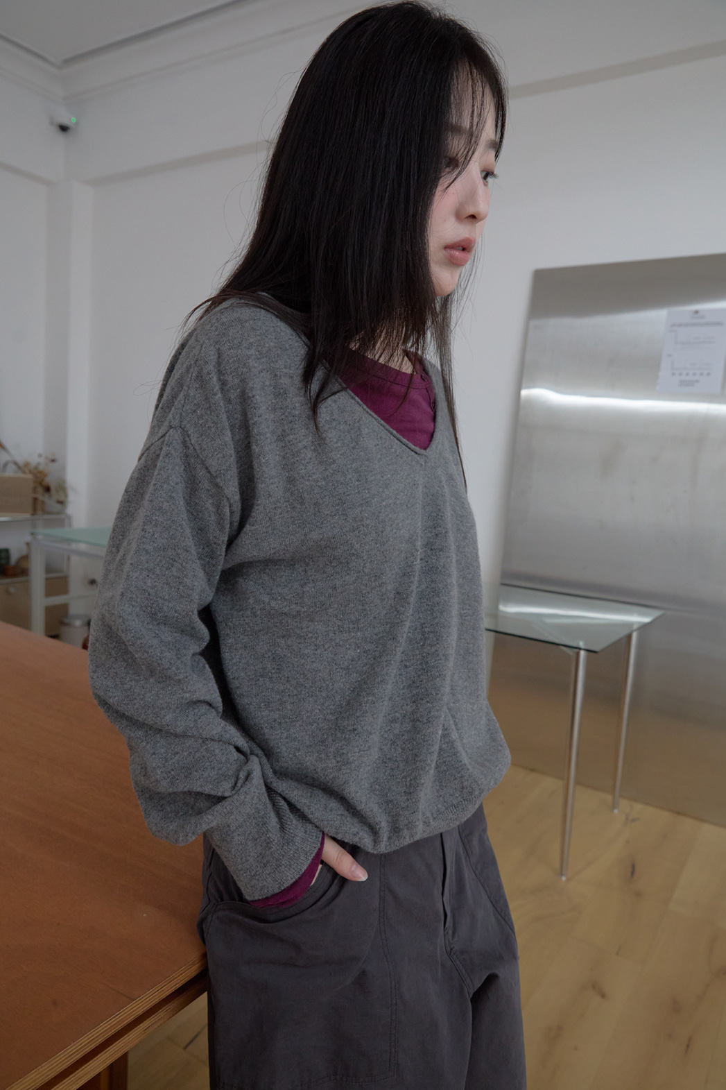 ウール混Vネックオーバーサイズルーズ無地ニットFW | 詳細画像17