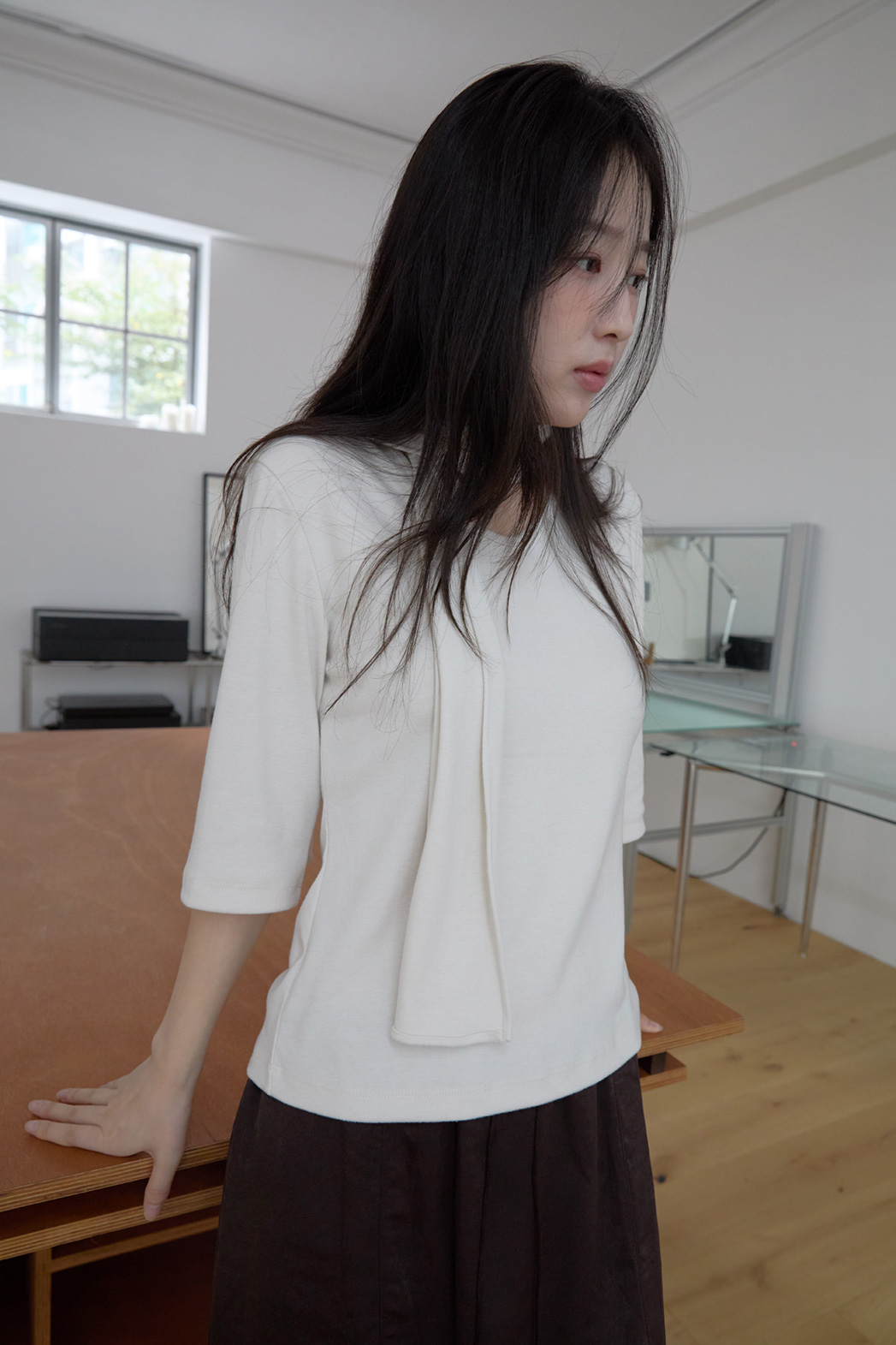 起毛Vネックスリムスカーフネックセミクロップド無地TシャツFW | 詳細画像13
